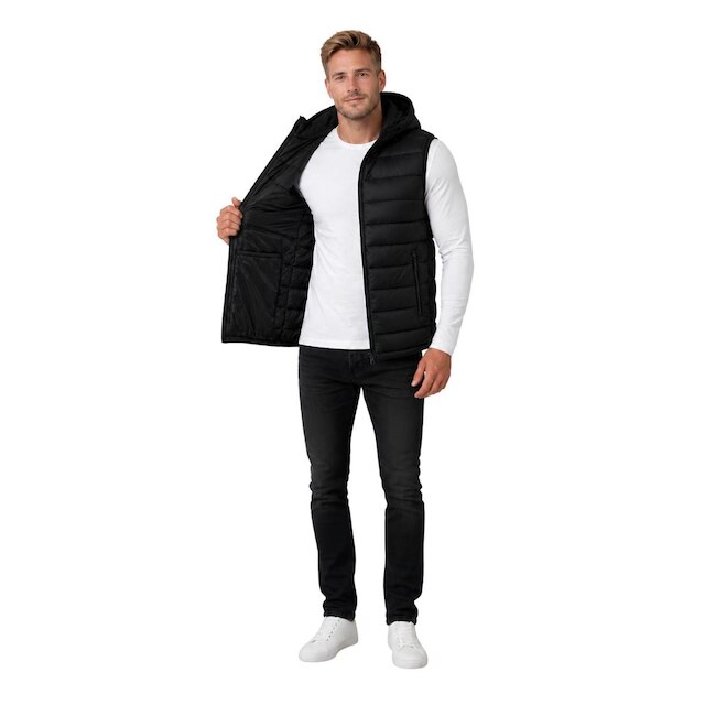 Colete Puffer Masculino Nylon Com Capuz Removível Preto