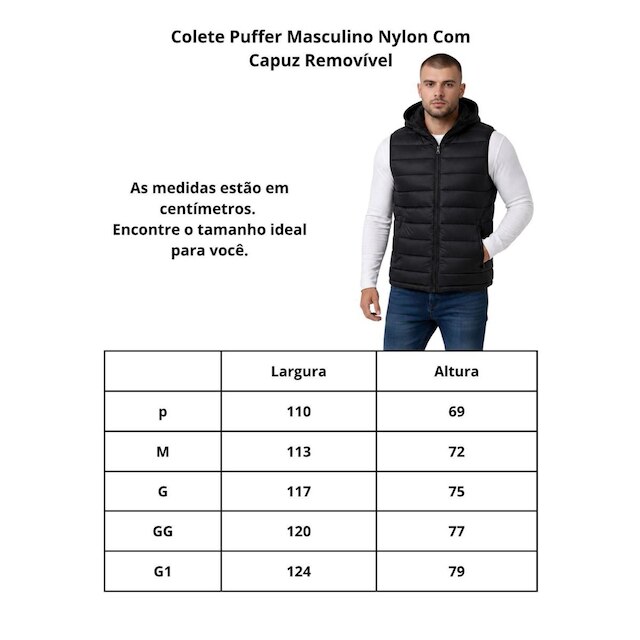 Colete Puffer Masculino Nylon Com Capuz Removível Preto