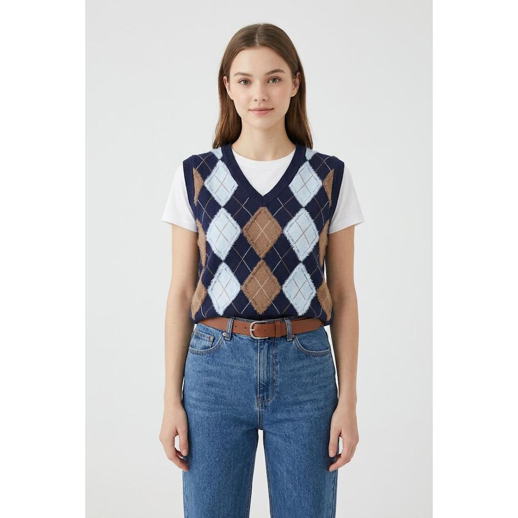 Colete Tricôt D Bell Outlet Fashion Argyle Preppy Azul Marinho