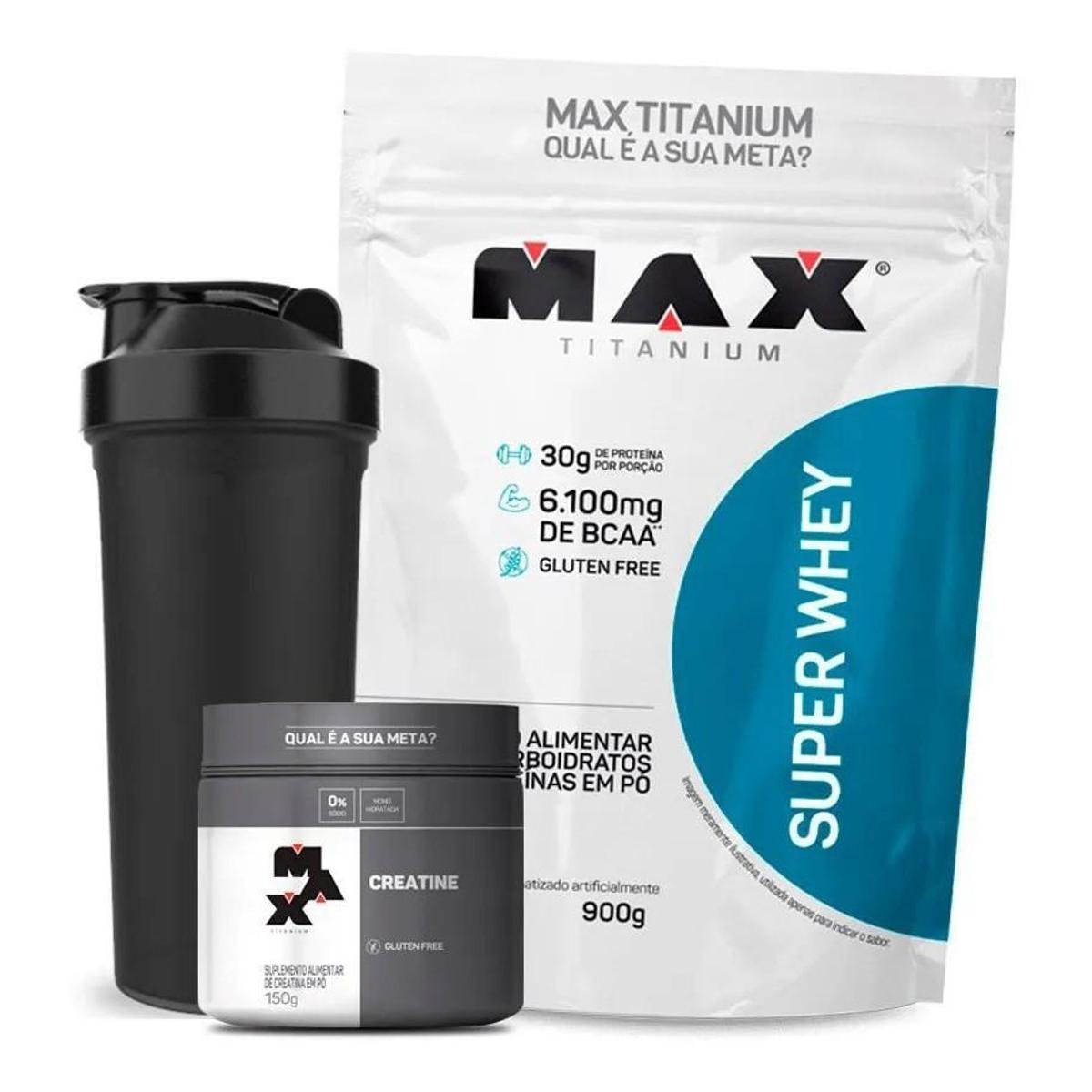 Combo Super Whey Isolado Concentrado 900g + Creatina 100 g Coqueteleiras Max Titanium Menor preço em Combo Super Whey Isolado Concentrado 900g + Creatina 100 g Coqueteleiras Max Titanium