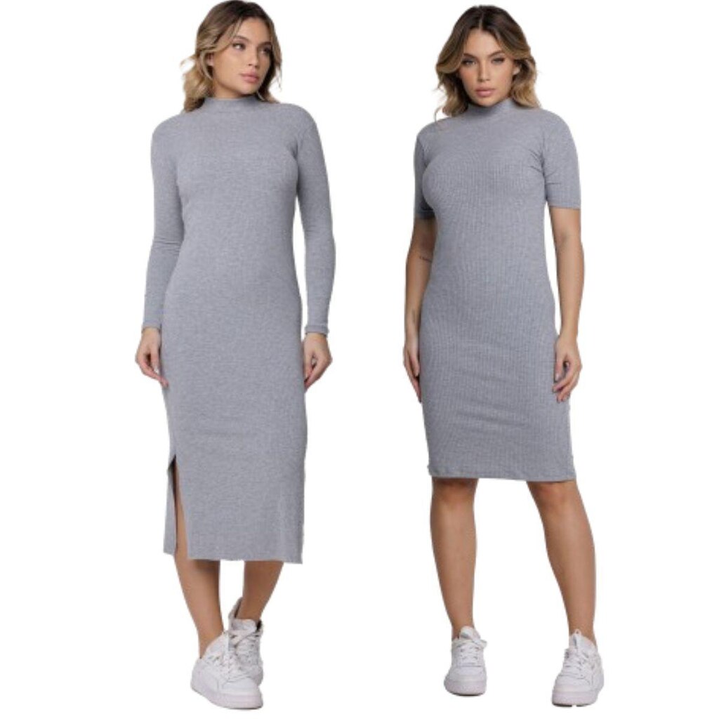 Combo Vestido Midi Manga Longa e Curta Serra e Mar Gola Alta Blogueira Canelado Moda Casual