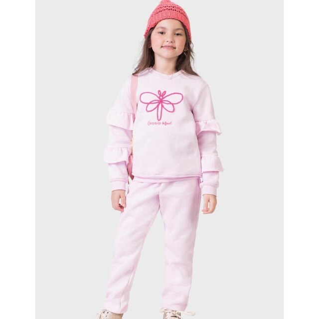 Conj Blusão Borboleta Com Calça Rosa Dia a Dia Frio Inverno Elegante - Menina 4 a 14 anos