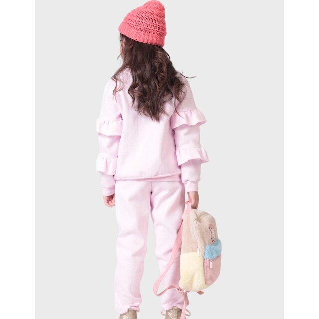 Conj Blusão Borboleta Com Calça Rosa Dia a Dia Frio Inverno Elegante - Menina 4 a 14 anos