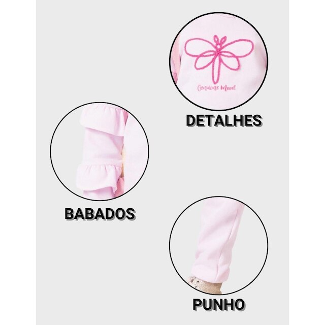 Conj Blusão Borboleta Com Calça Rosa Dia a Dia Frio Inverno Elegante - Menina 4 a 14 anos