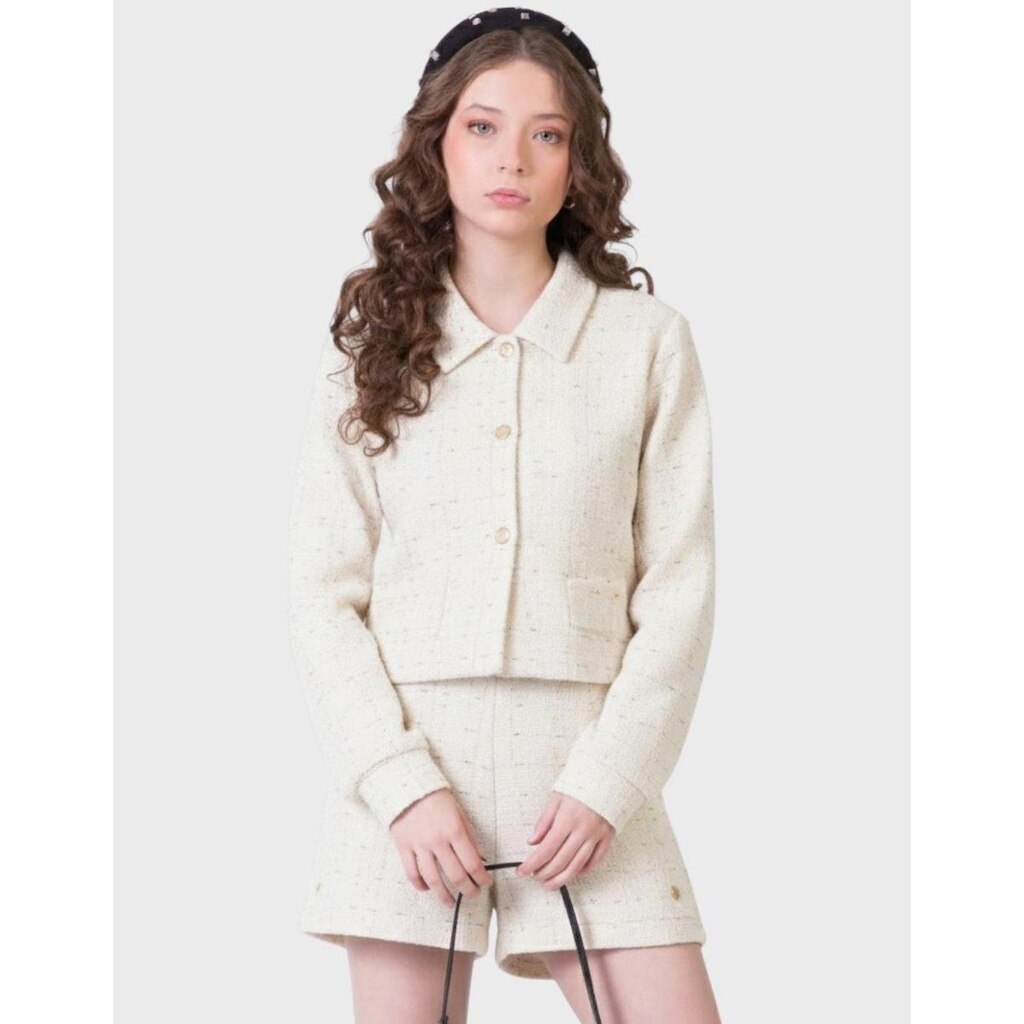 Conj Casaqueto Manga Longa Com Shorts Tweed Elegante Novo Inverno Frio - Feminino 12 a 18 anos