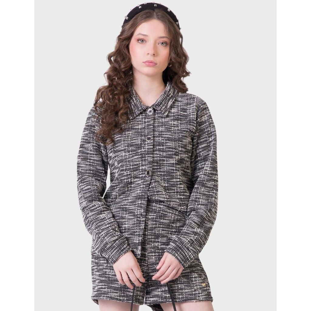 Conj Casaqueto Manga Longa Com Shorts Tweed Elegante Novo Inverno Frio - Feminino 12 a 18 anos