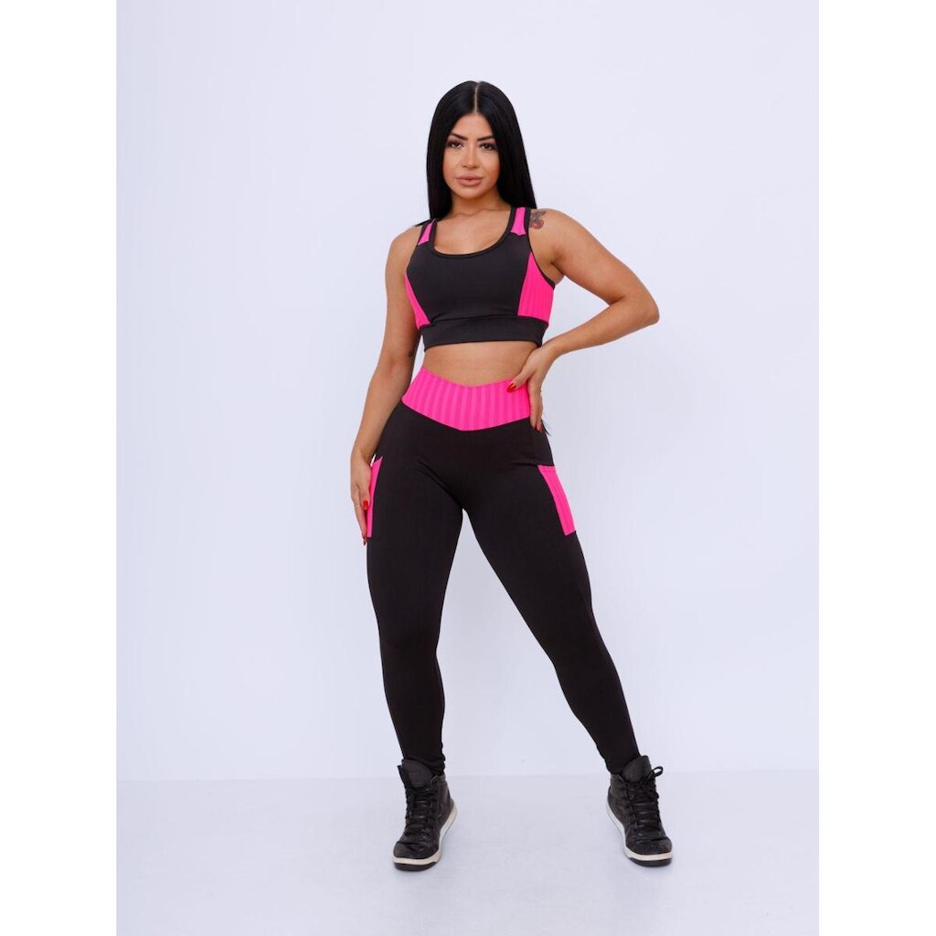 Conjunto Academia Cropped Com Bojo + Calça Legging Com Bolso