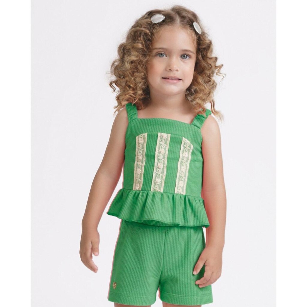 Conjunto Aurora de renda verão infantil leve fresquinho - Rosa e Verde - Menina 1 a 4 anos