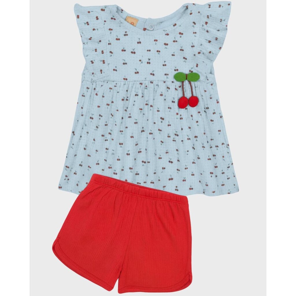Conjunto bebê blusa com estampa exclusiva com shorts leve verão - Rosa e Azul - Bebê 3 a 18 meses
