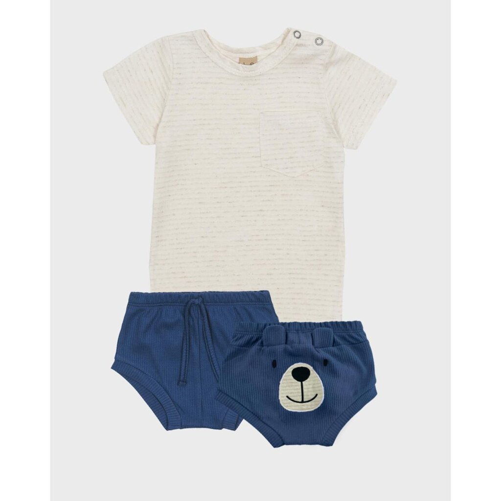 Conjunto bebê body bermuda ursinho look verão leve divertido - Marrom e Azul - Bebê 3 a 18 meses