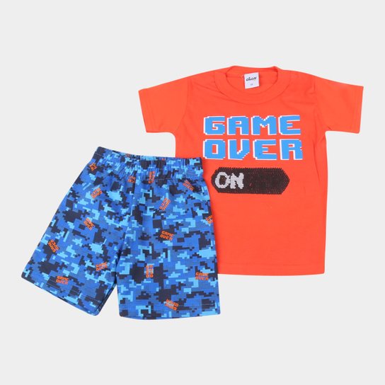 Conjunto Bebê Camiseta Com Lantejoula Reversível E Bermuda Moletinho Game Over Masculino - Laranja