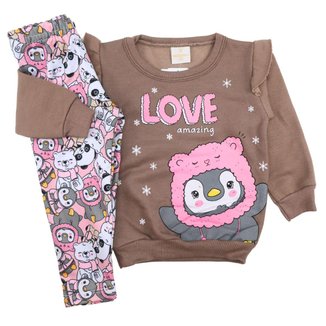 Conjunto Bebê Menina Blusa e Legging Peluciada Pinguim Frio