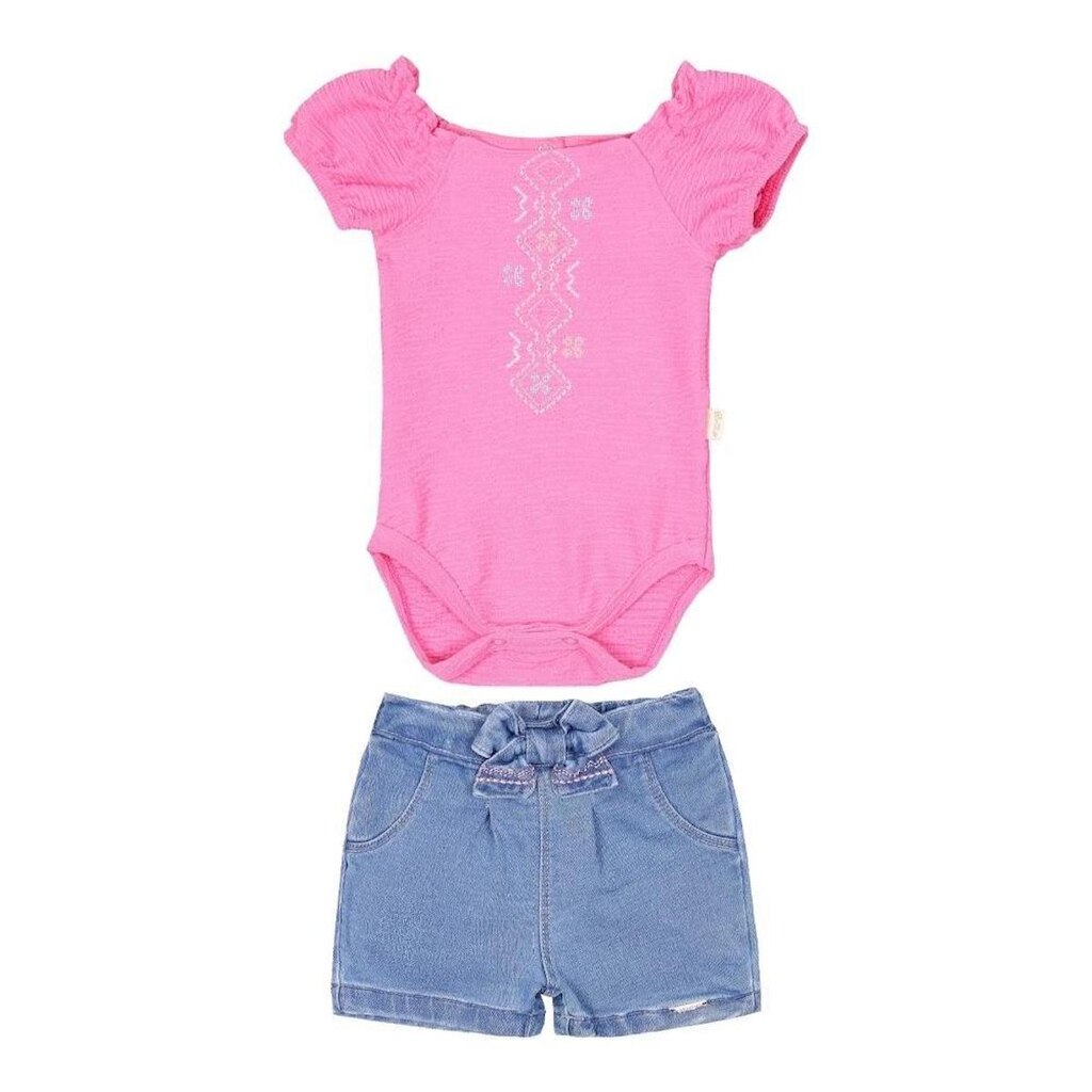Conjunto Bebê Menina Body Bordado Shorts Jeans Paraiso 15437