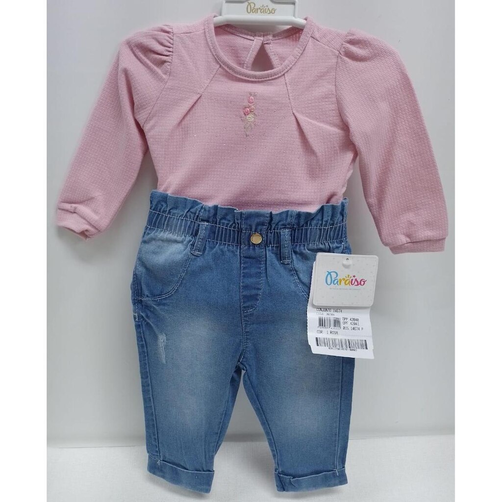 Conjunto Bebê Menina Body + Calça Jeans Luxo Paraiso 14674