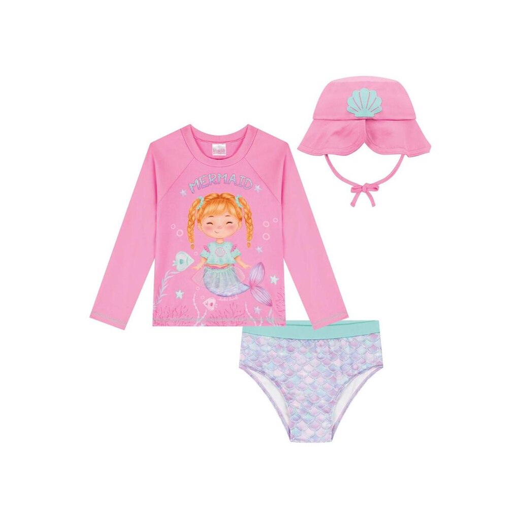 Conjunto Bebê Menina C/Chapéu Sereia Proteção Uv 50+ Kukiê