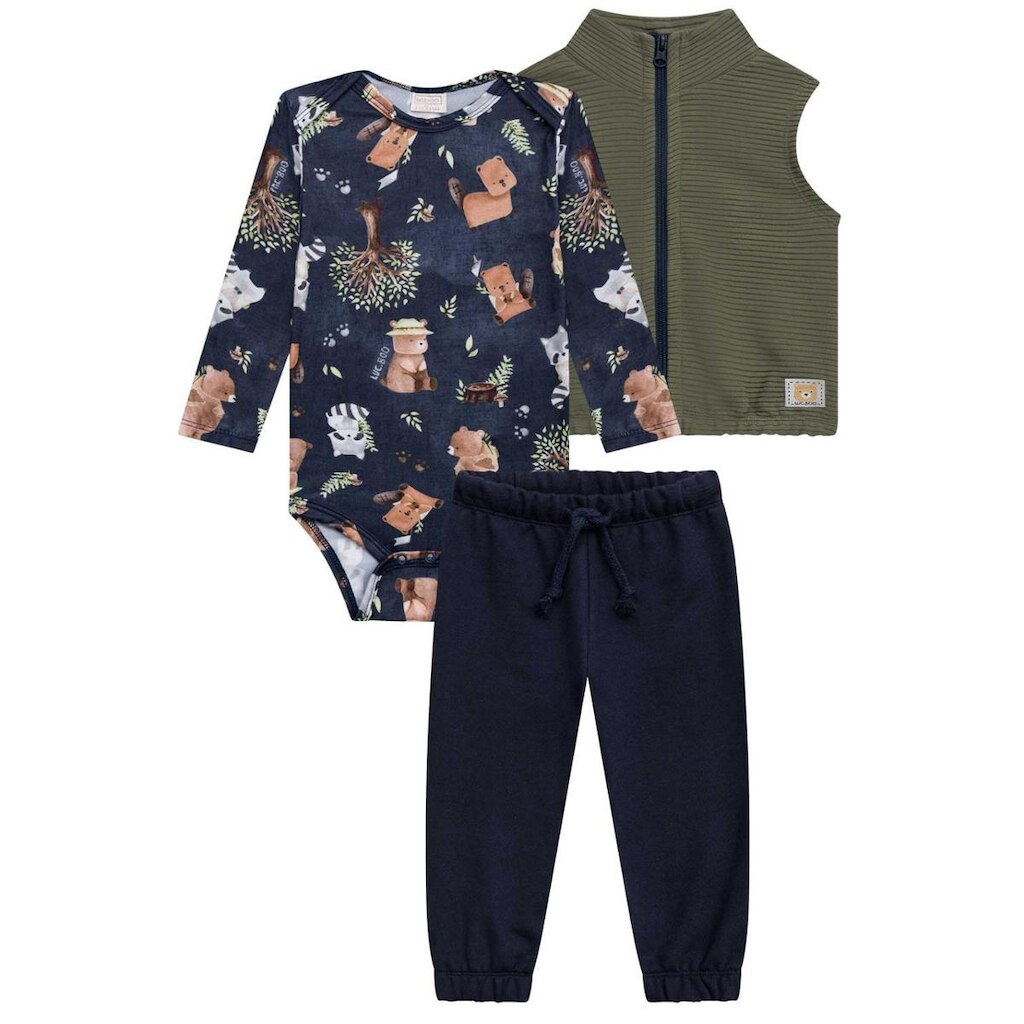 Conjunto Bebê Menino Colete/Body/Calça Moletom Luc.boo