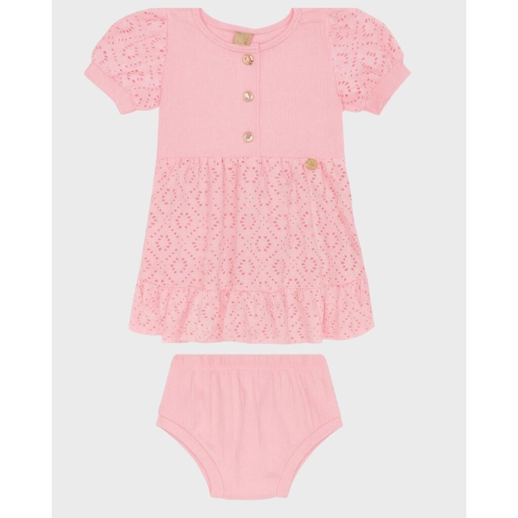 Conjunto bebê verão blusa e tapa fralda com bordado leve fresco - Creme e Rosa - Bebê 3 a 18 meses