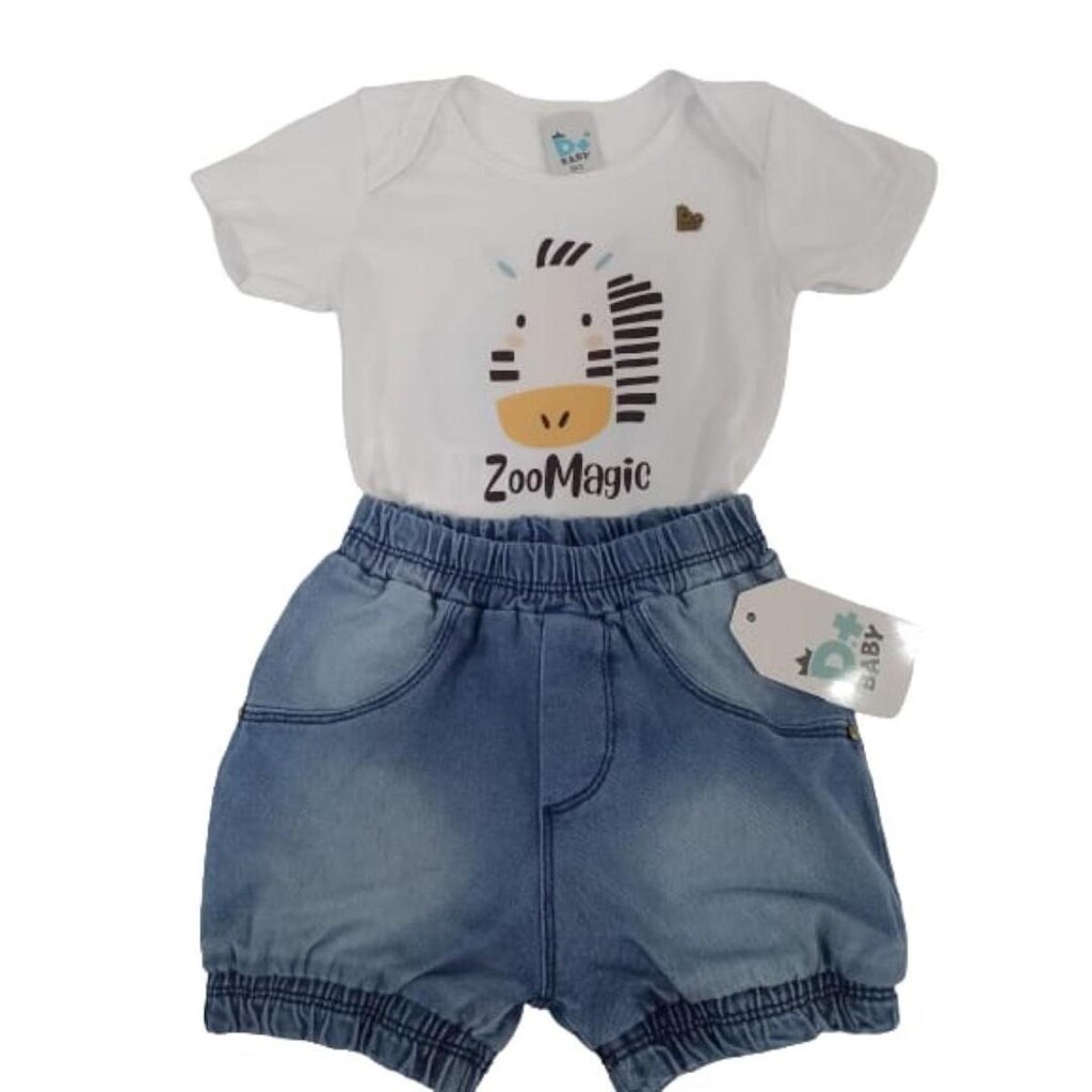 Conjunto Bermuda + Body Luxo Bebê Menino Verão D+ Baby 60235 - Branco - GG ( 12 - 18 MESES )