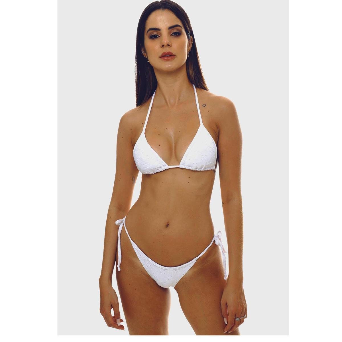 Conjunto Biquíni Sob Cortininha com Bojo com Calcinha Fio de Amarrar - Branco Menor preço em Conjunto Biquíni Sob Cortininha com Bojo com Calcinha Fio de Amarrar - Branco