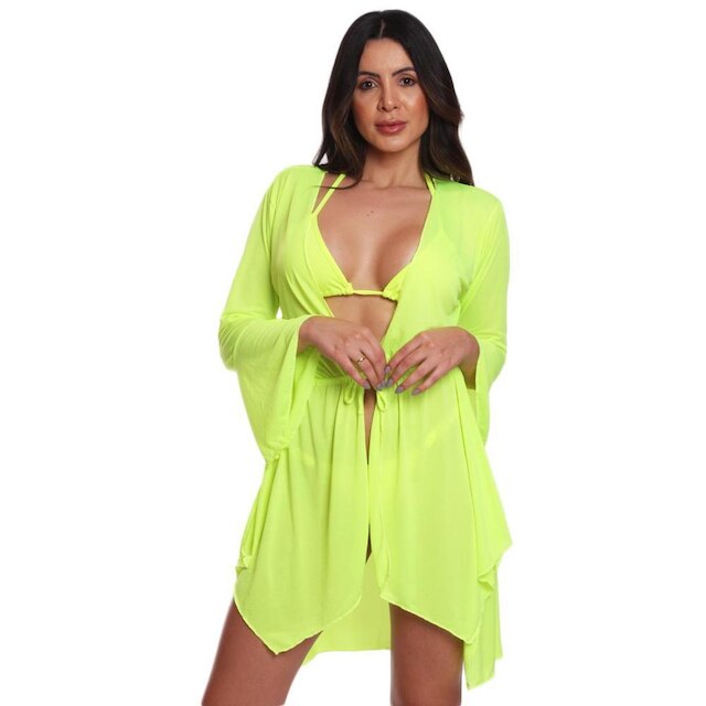 Conjunto Biquíni Tanga com Fita + Saída de Praia de Ponta Feminina Barra Assimétrica Moda Praia