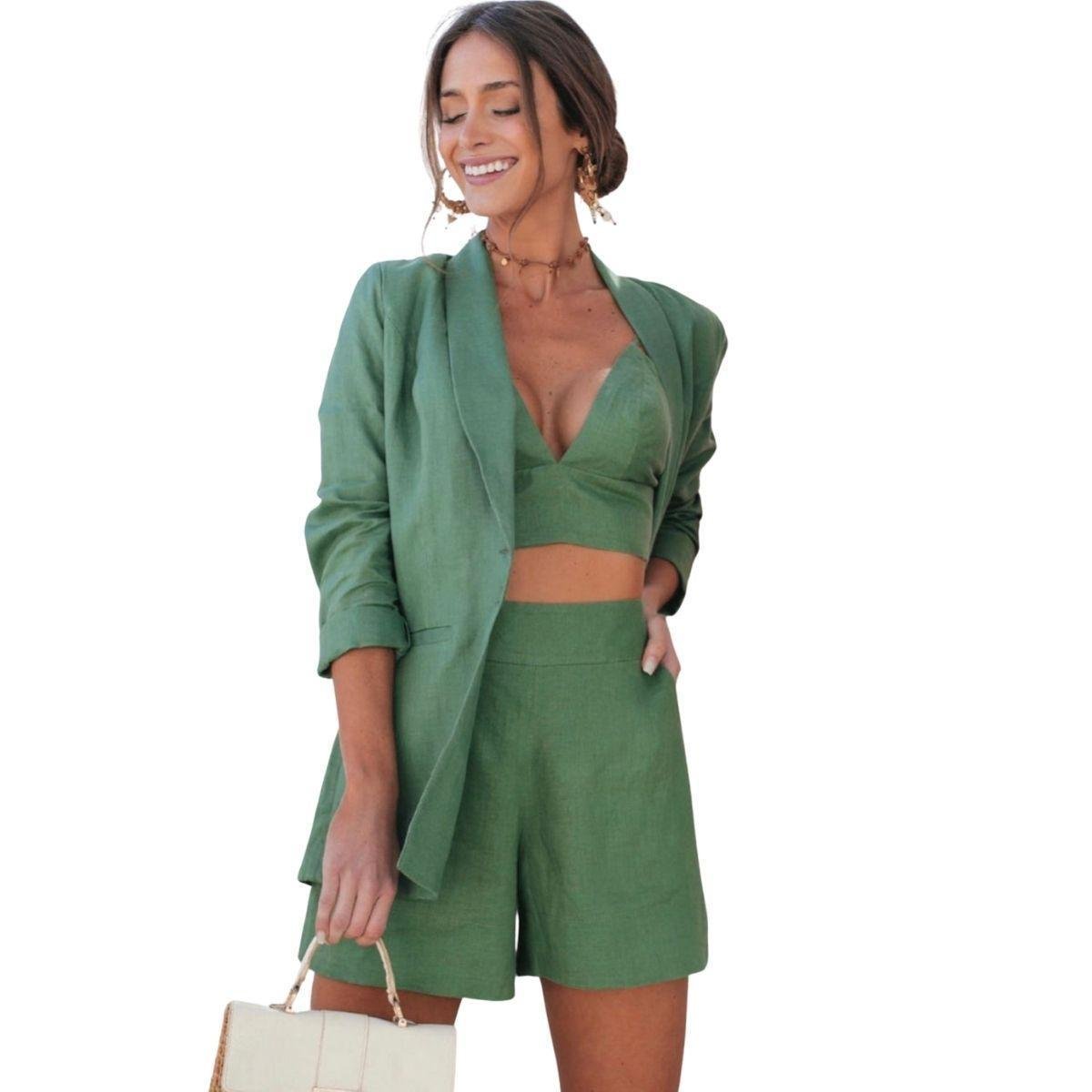 Conjunto Blazer + Top + Short Linho Folha - Verde Menor preço em Conjunto Blazer + Top + Short Linho Folha - Verde