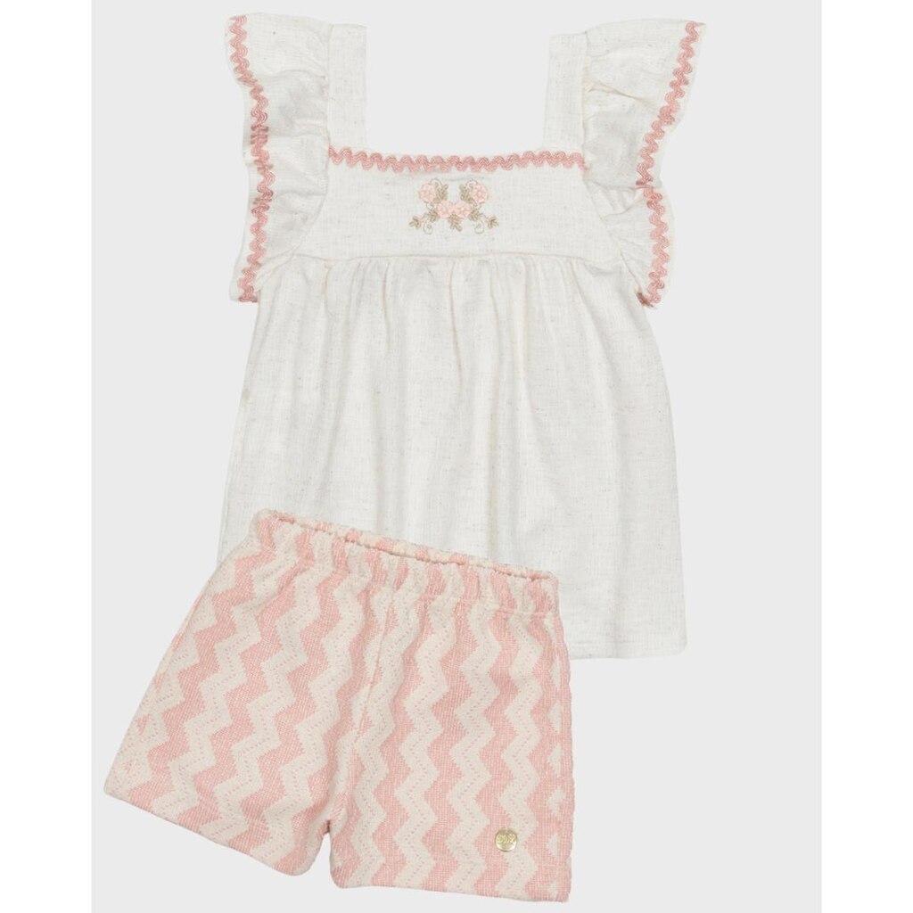 Conjunto blusa bordada shorts de linho e look leve verão delicado - Rosa e Azul - Bebê 3 a 18 meses