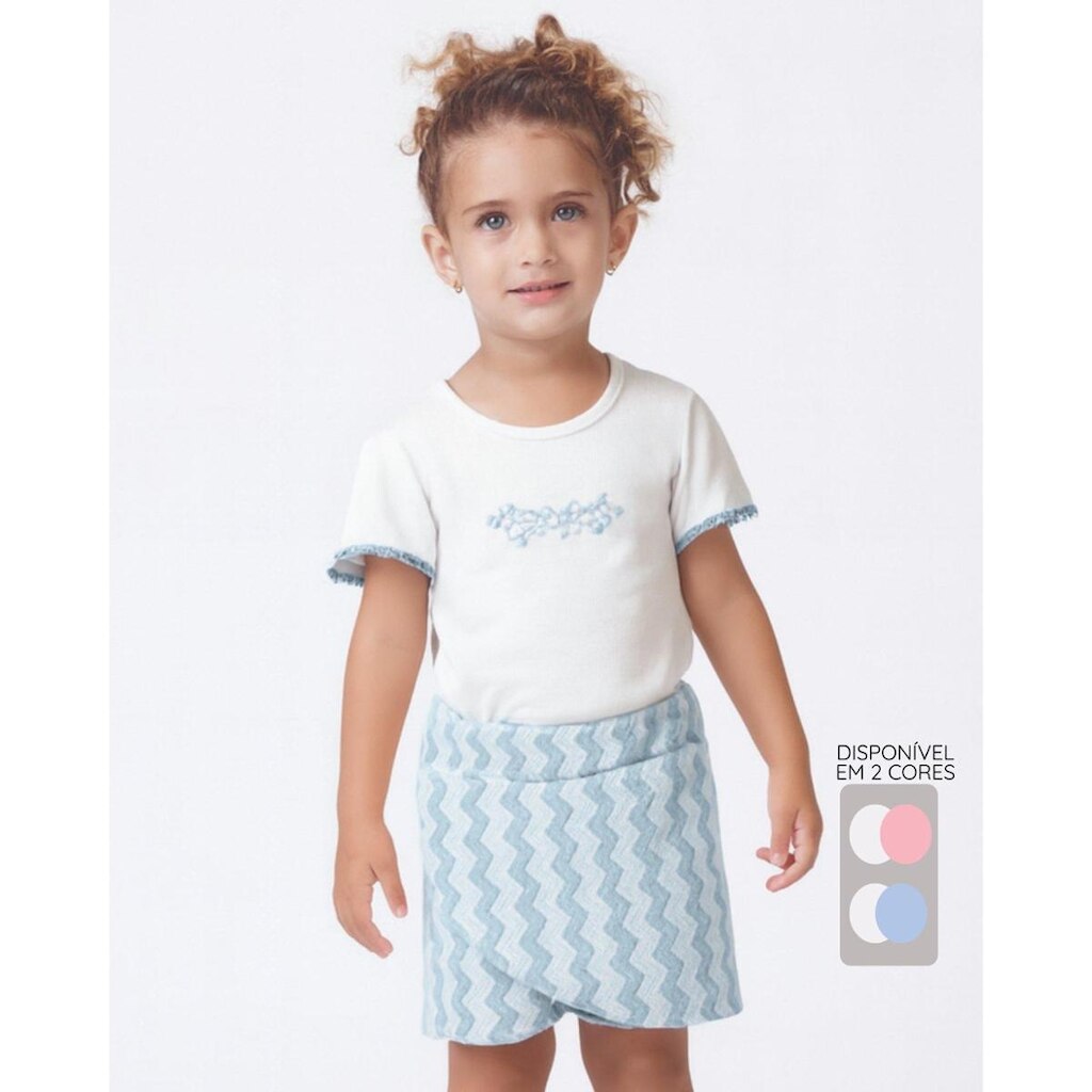 Conjunto blusa bordada shorts saia verão leve e fresquinho - Rosa e Azul - Menina 1 a 4 anos