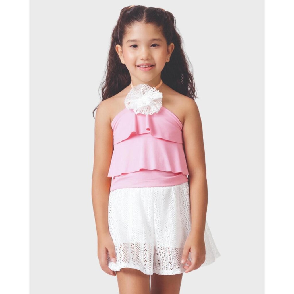 Conjunto blusa crepe shorts saia malha verão confortável - Salmão e Rosa - Menina 4 a 14 anos