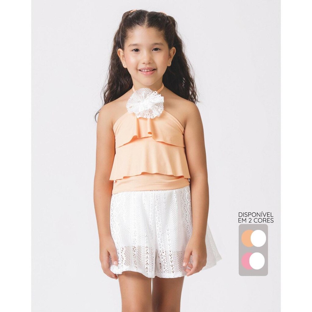 Conjunto blusa crepe shorts saia malha verão confortável - Salmão e Rosa - Menina 4 a 14 anos