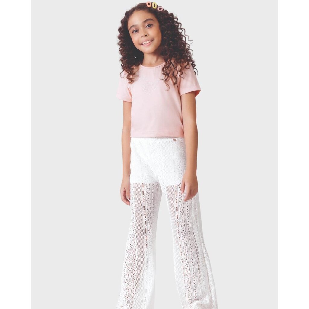 Conjunto blusa crepe strass calça verão leve elegante moderno - Salmão e Rosa - Menina 4 a 14 anos