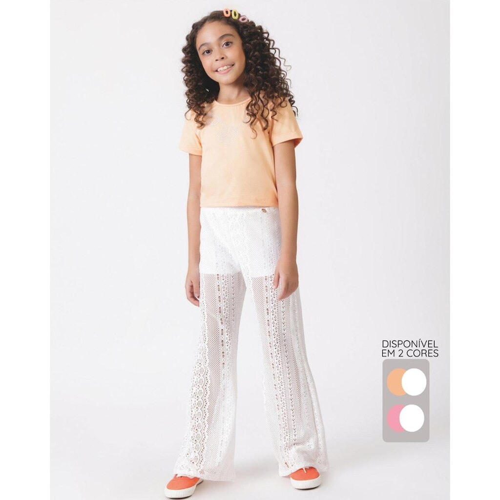 Conjunto blusa crepe strass calça verão leve elegante moderno - Salmão e Rosa - Menina 4 a 14 anos
