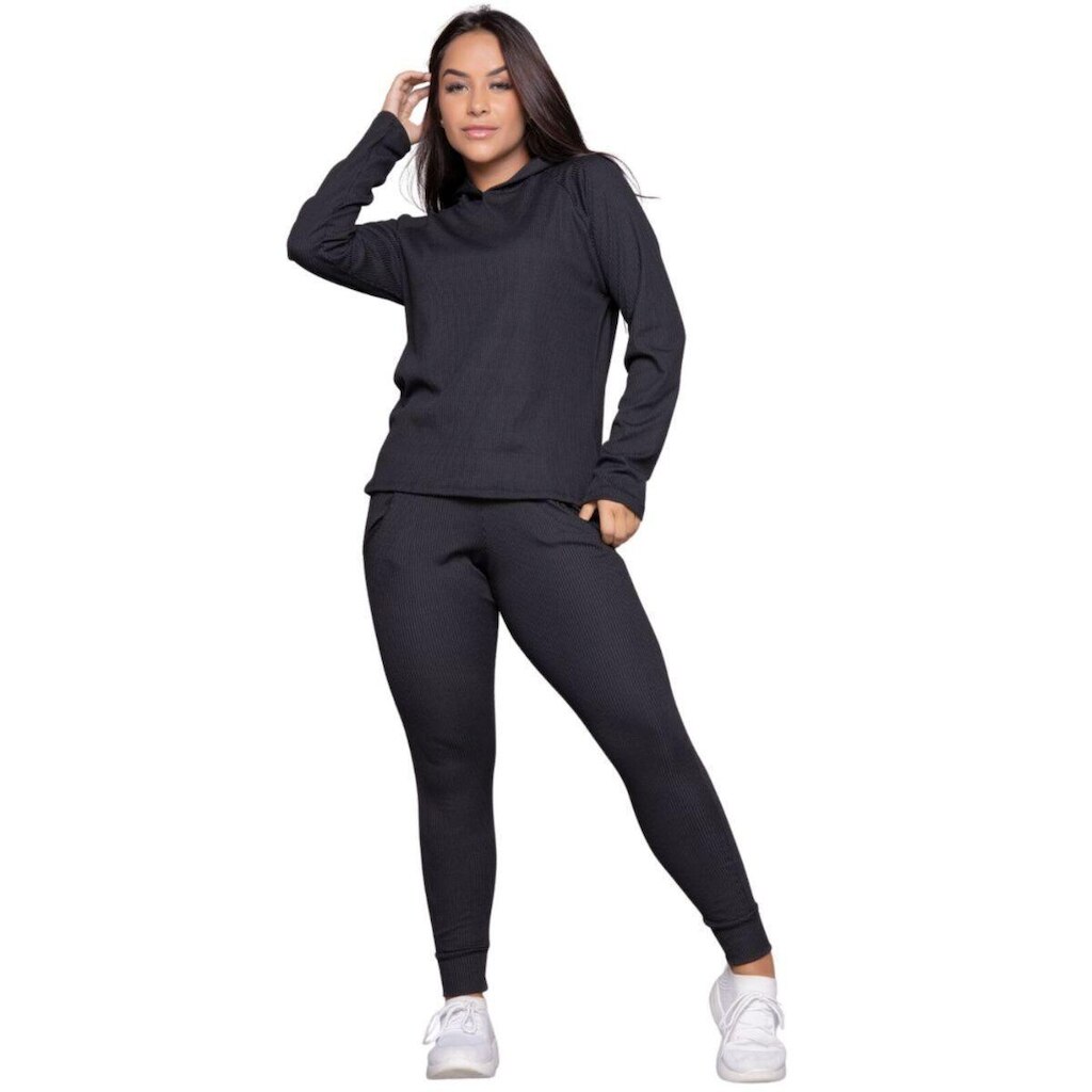 Conjunto Blusa e Calças Jogger Comfy Bella Fiore Canelada Com Bolso Inverno Moda Casual
