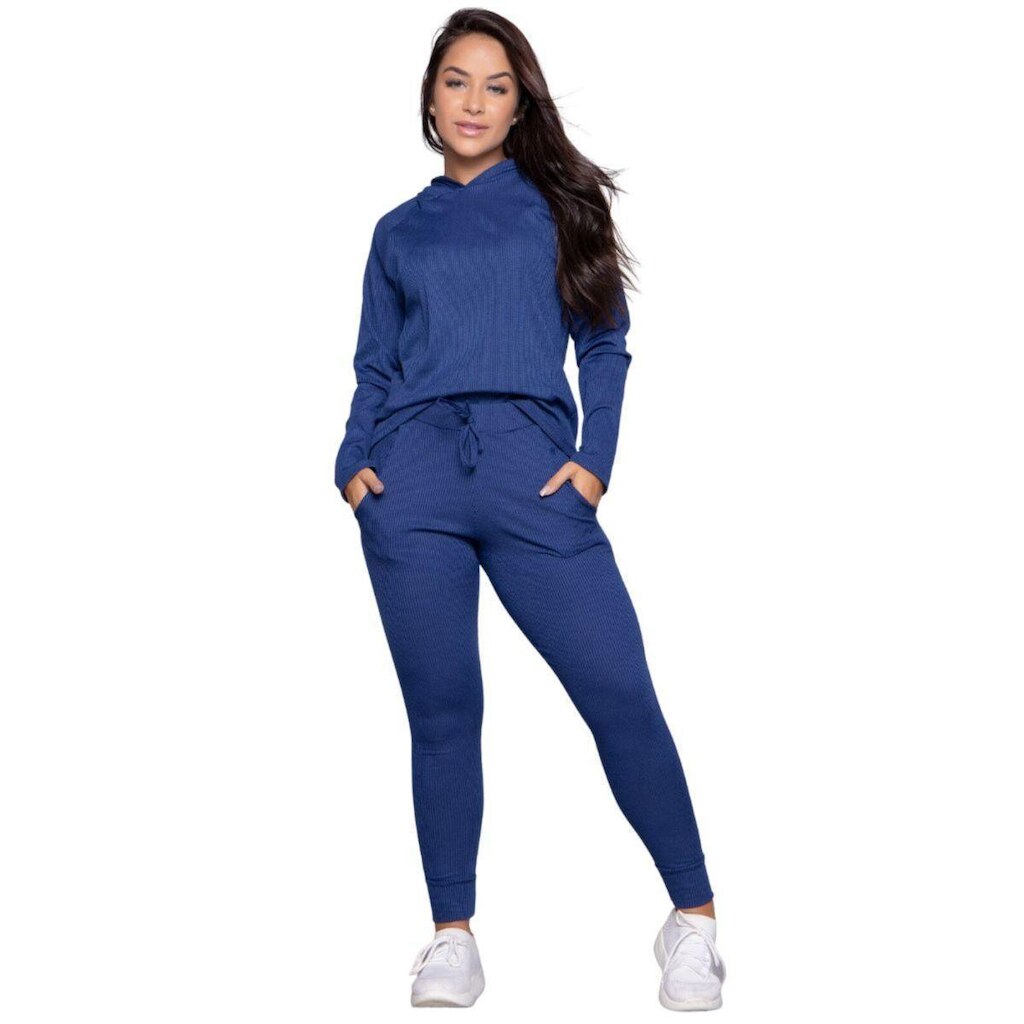 Conjunto Blusa e Calças Jogger Comfy Bella Fiore Canelada Com Bolso Inverno Moda Casual