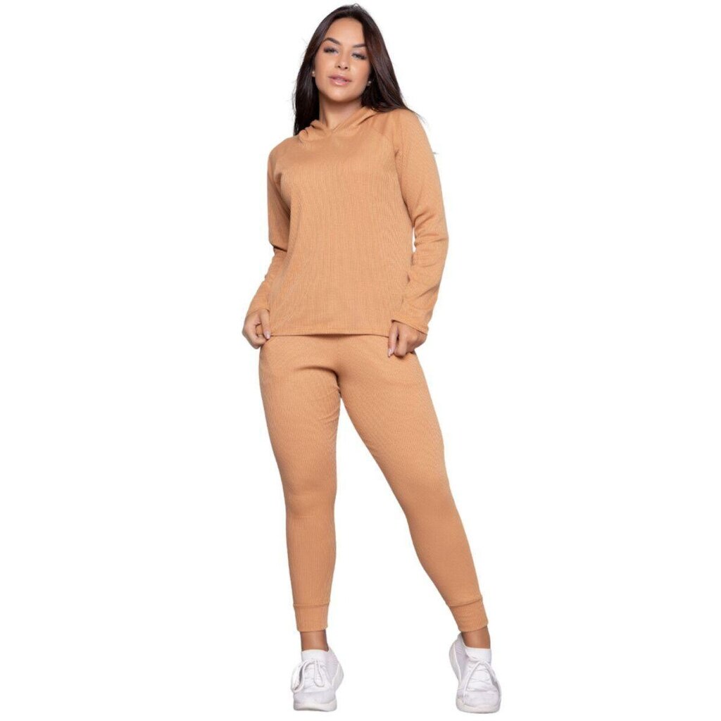 Conjunto Blusa e Calças Jogger Comfy Bella Fiore Canelada Com Bolso Roupa Para Inverno Moda Casual