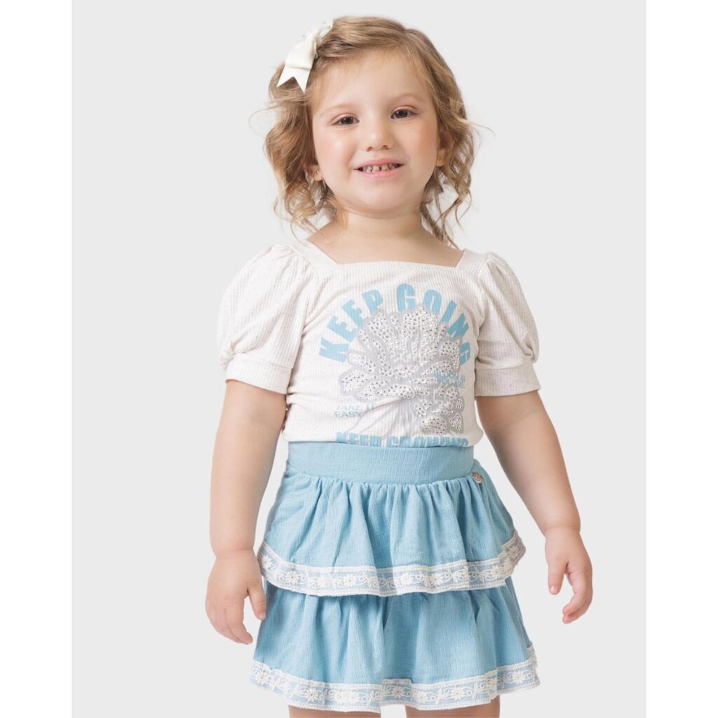 Conjunto blusa e shorts saia verão leve moderno fofo menina - Azul e Rosa - Menina 1 a 3 anos