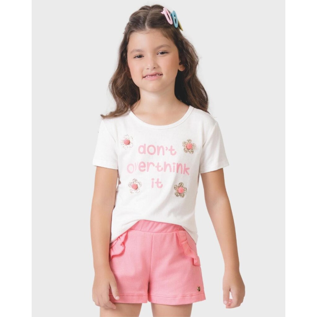 Conjunto blusa linho com pompom shorts verão leve divertido - Rosa e Verde - Menina 4 a 14 anos