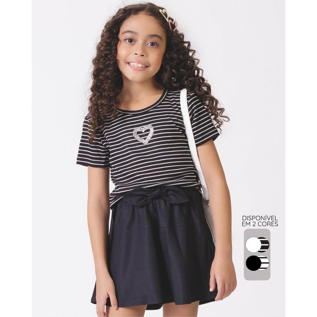 Conjunto blusa listrada shorts godê verão estiloso fresco - Preto e Branco - Menina 4 a 14 anos