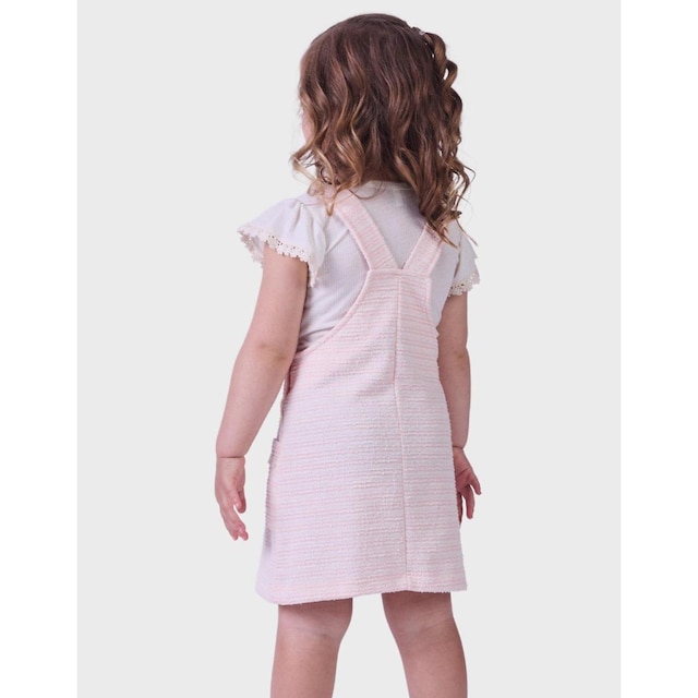 Conjunto Blusa Manga Curta Malha Trabalhada Com Salopete Listrada Elegante Menina 1 a 3
