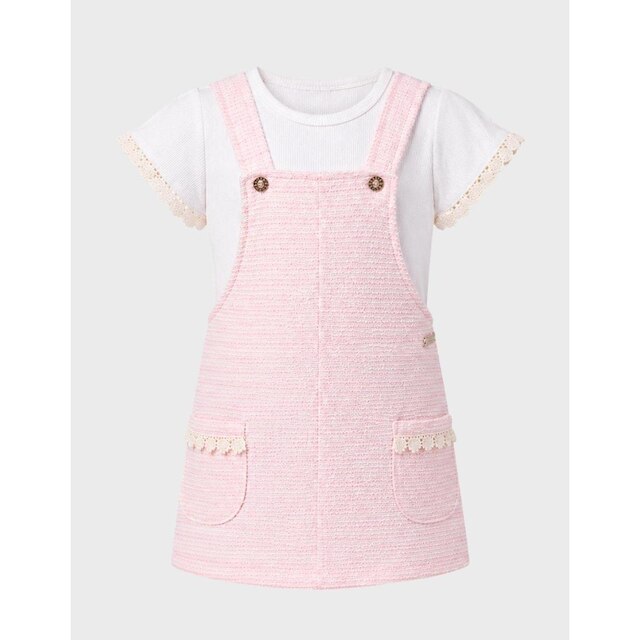 Conjunto Blusa Manga Curta Malha Trabalhada Com Salopete Listrada Elegante Menina 1 a 3