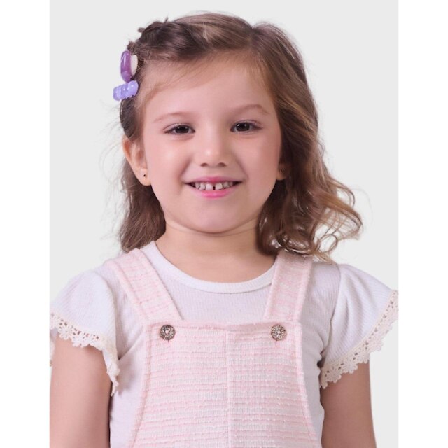 Conjunto Blusa Manga Curta Malha Trabalhada Com Salopete Listrada Elegante Menina 1 a 3