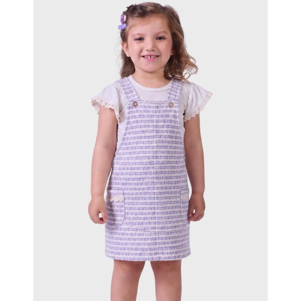 Conjunto Blusa Manga Curta Malha Trabalhada Com Salopete Listrada Elegante Menina 1 a 3