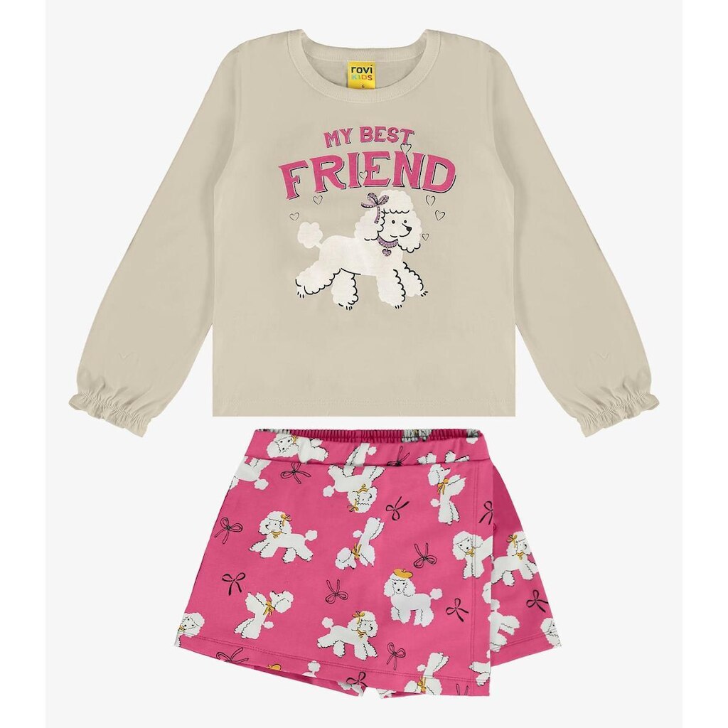 Conjunto Blusa Manga Longa E Shorts Saia Rovi Kids Bege