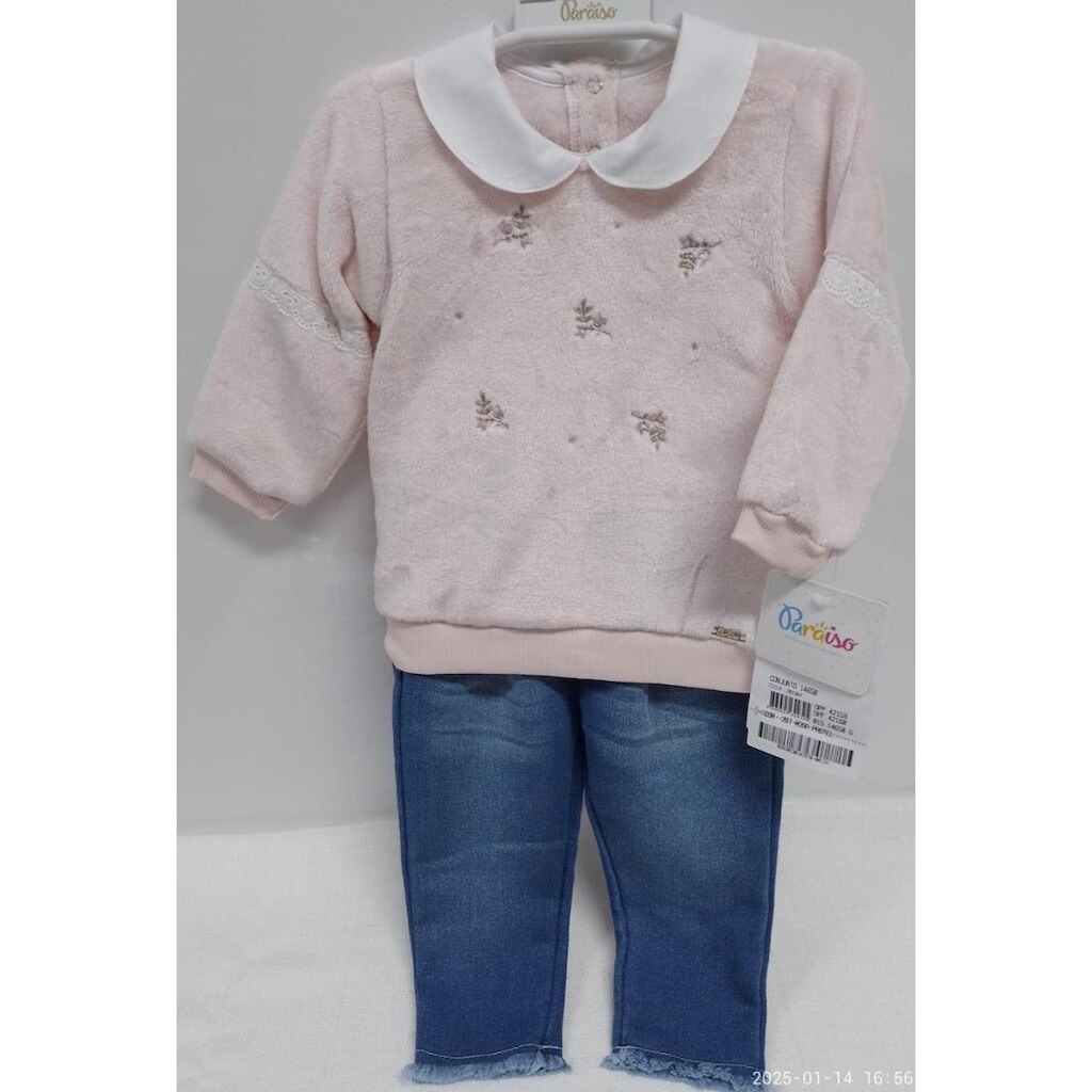 Conjunto Blusa Pelo Bebê Menina Calça Jeans Paraiso Rf 14650