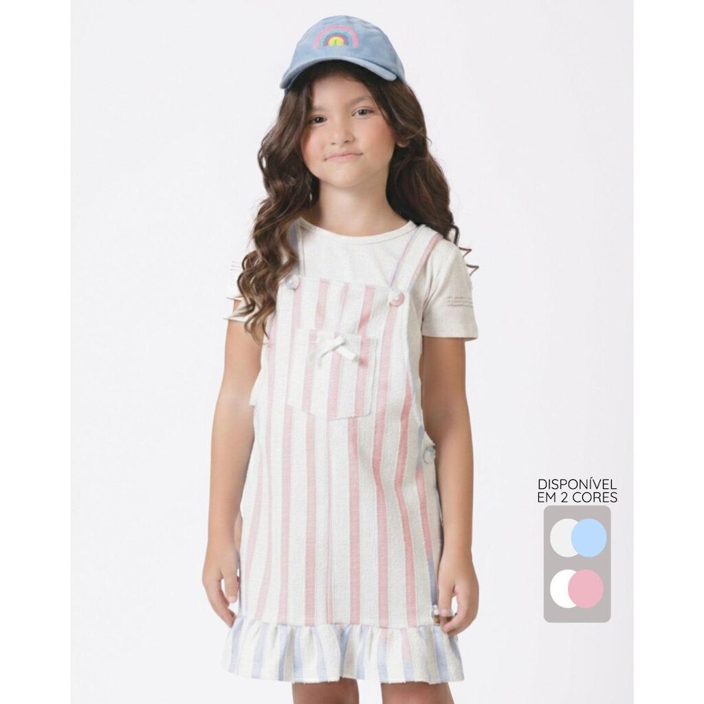 Conjunto blusa salopete tweed Cala verão brilho sofisticado- Azul e Rosa - Menina 4 a 14 anos