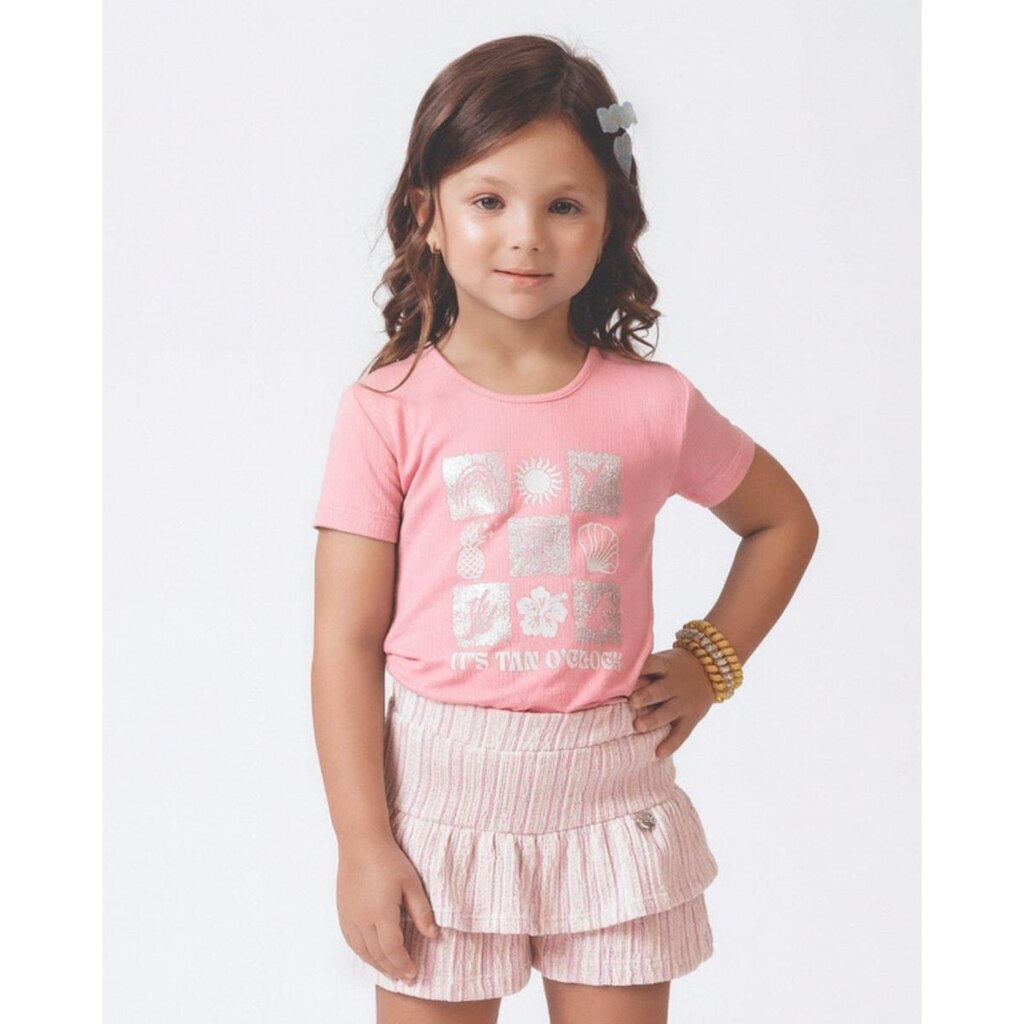 Conjunto blusa shorts anarruga verão leve sofisticado fresco - Azul e Rosa - Menina 1 a 4 anos