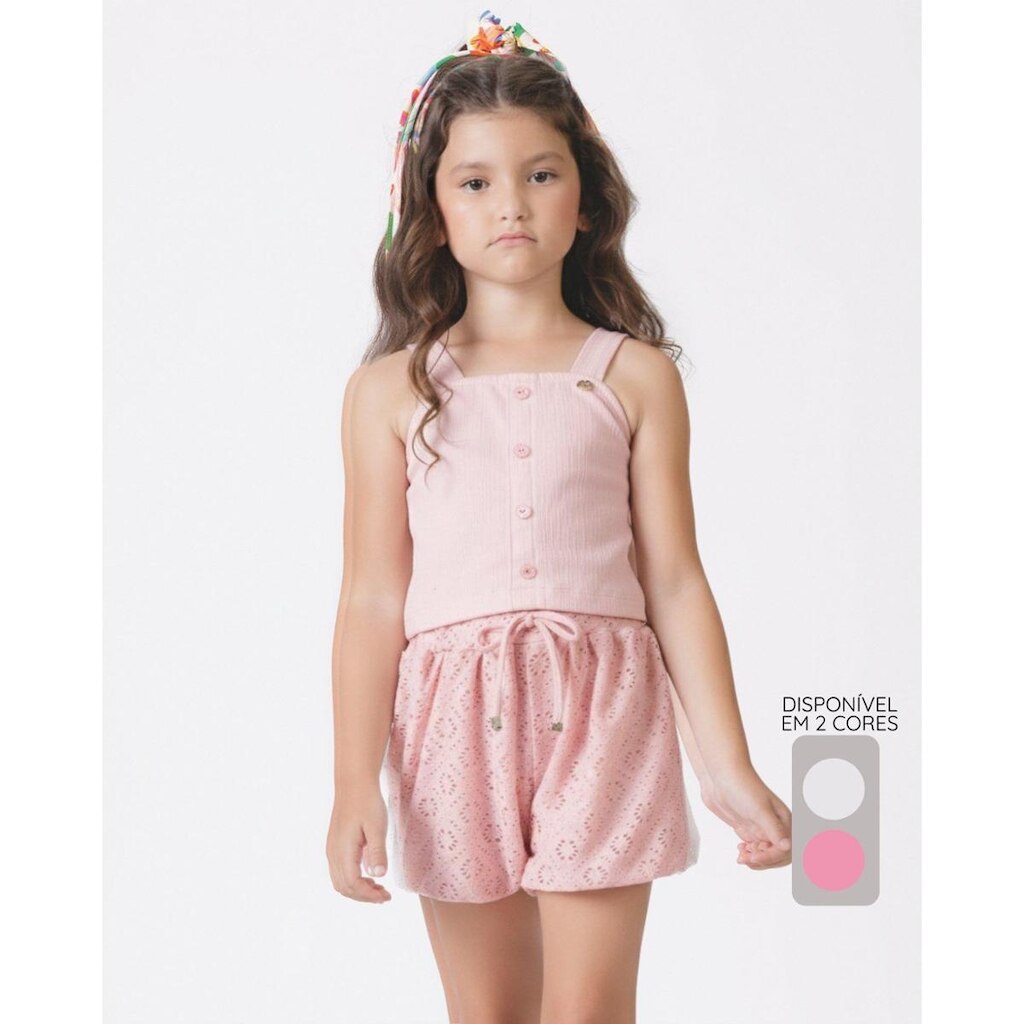 Conjunto blusa shorts balonê verão leve moderno divertido - OffWhite e Rosa - Menina 4 a 14 anos