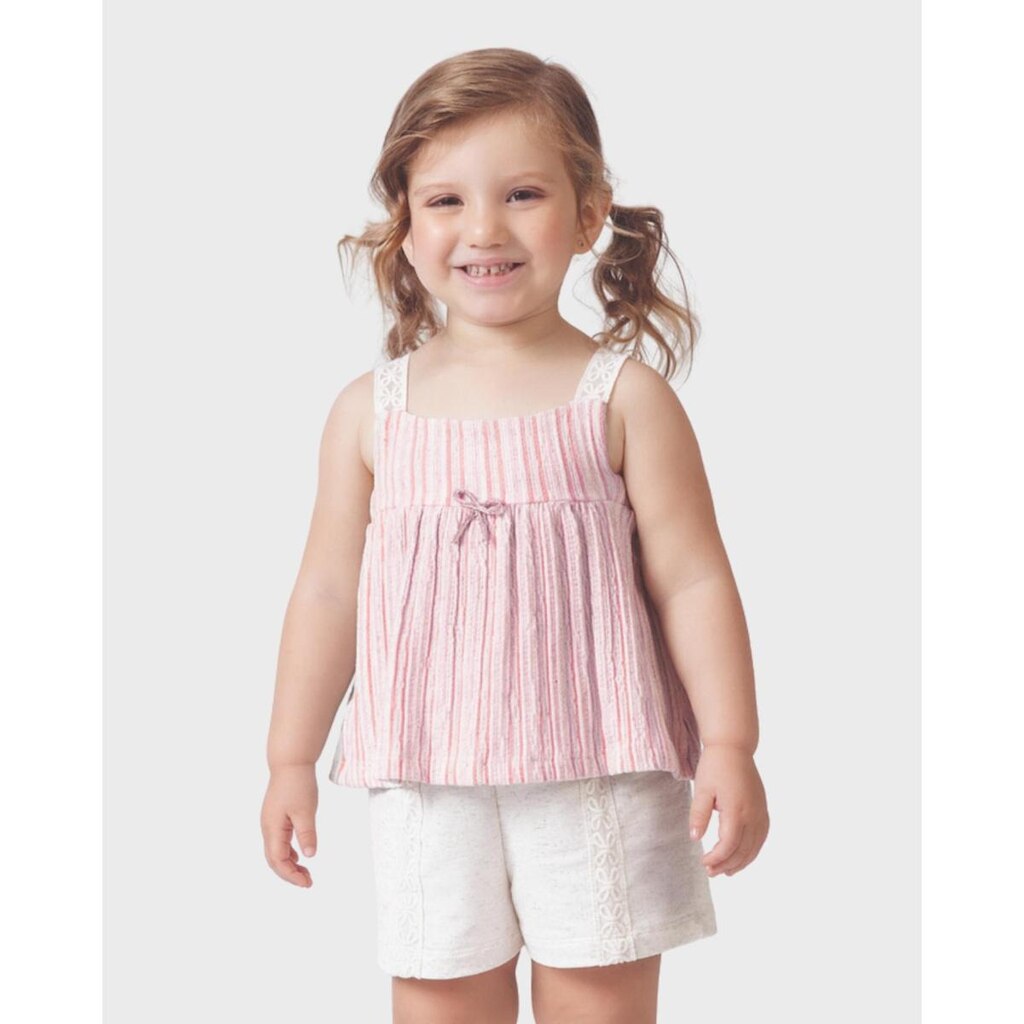 Conjunto blusa shorts linho verão casual fresco elegante - Azul e Rosa - Menina 1 a 4 anos