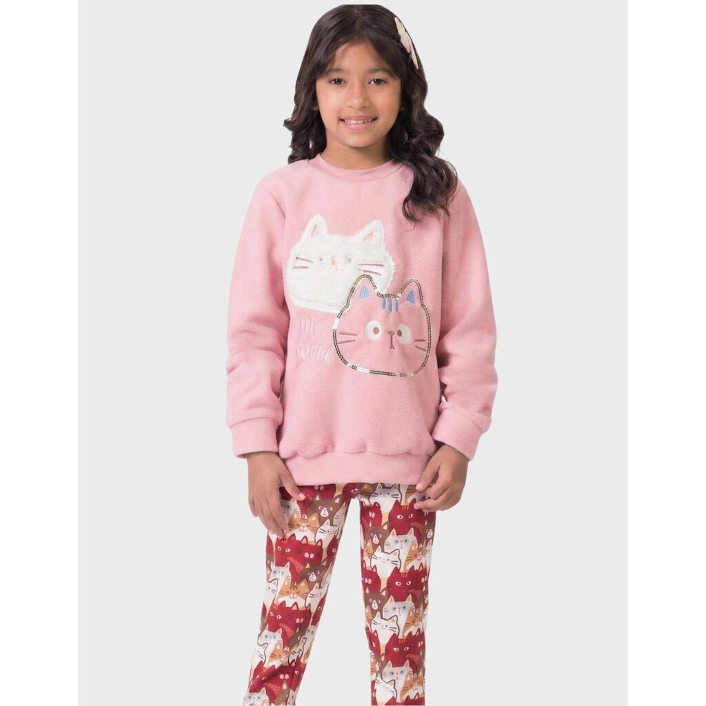 Conjunto Blusão Gatinho Com Legging Térmica Estampada Inverno Moda Elegantte - Menina 4 a 14 anos