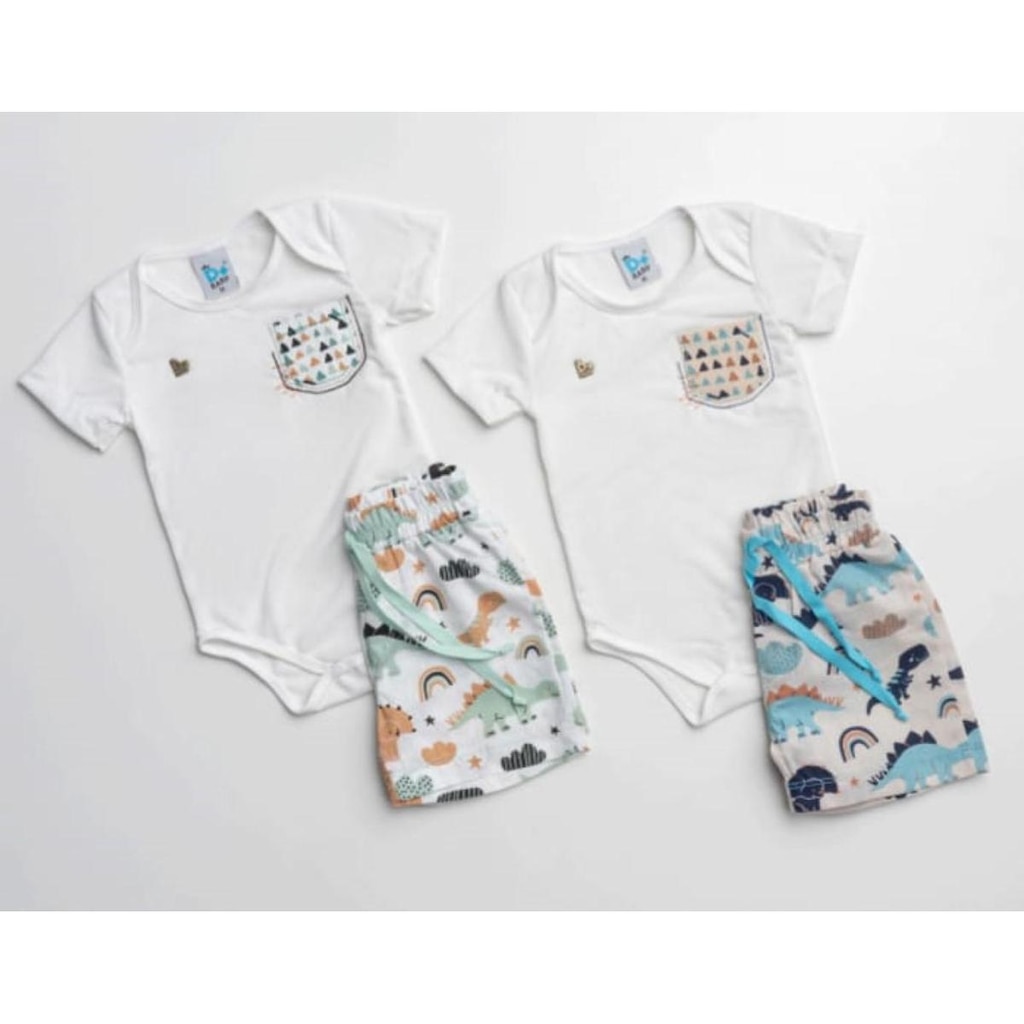 Conjunto Body Bermuda Luxo Bebê Menino Verão D+ Baby 60227 - Verde - M ( 6 - 9 MESES )
