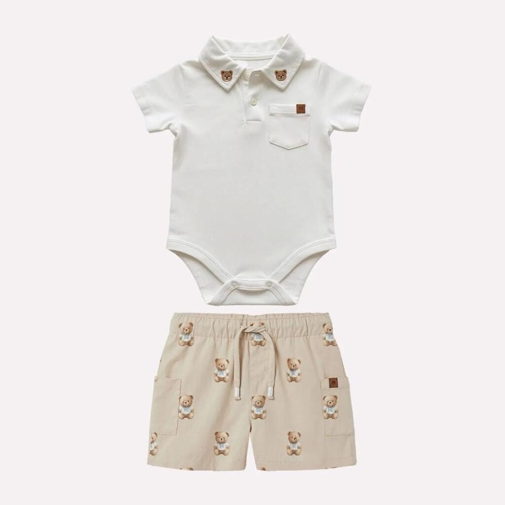 Conjunto Body e Bermuda Milon Urso Bear Off White e Bege